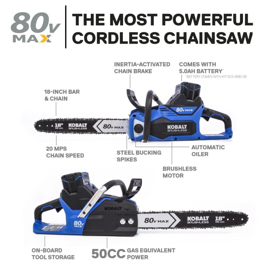 Outdoor Tools & Equipment * | Kobalt Cordless Electric Chainsaws 80-Volt Max 18-In Brushless Cordless Electric Chainsaw 5 Ah (Battery & Charger Included)